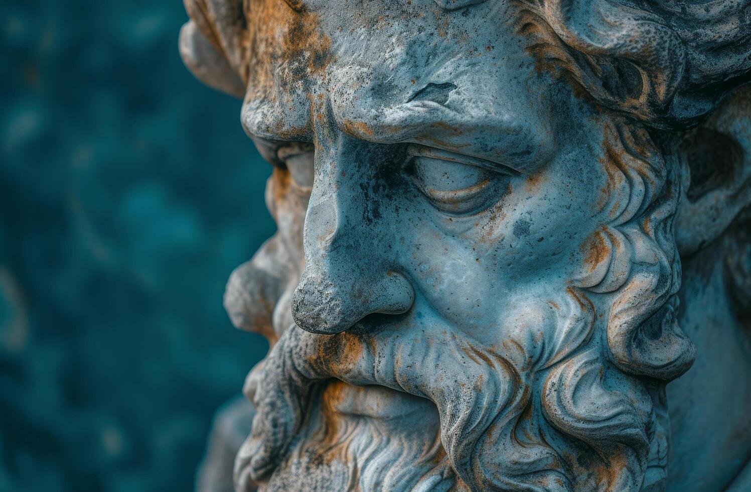 Close up of an ancient philosopher statue with intricate details photo