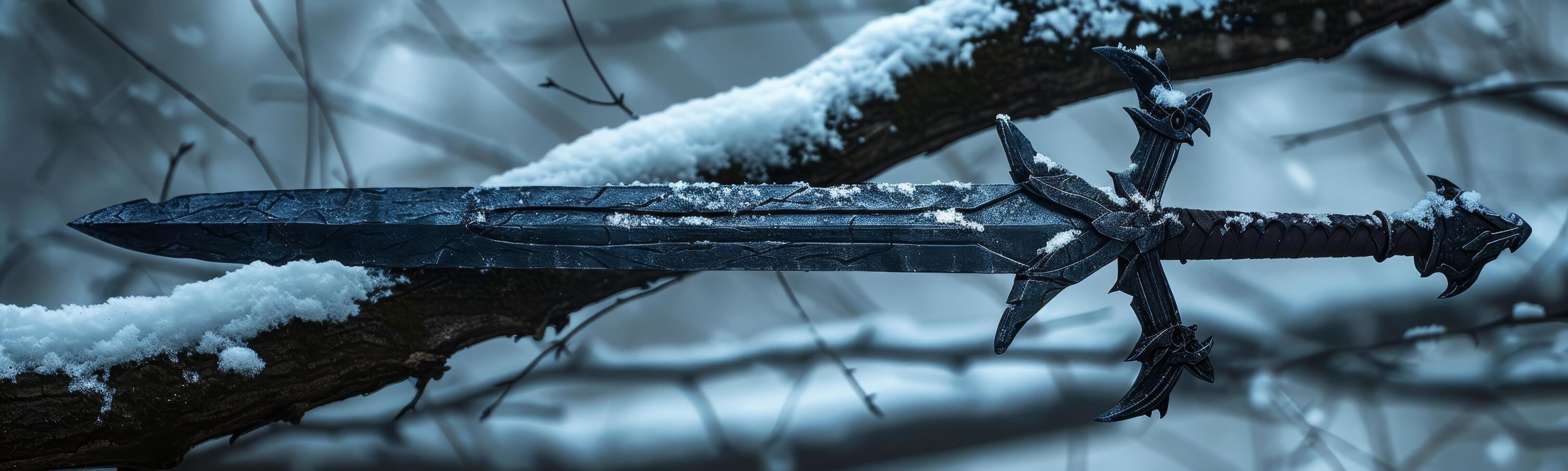Fantasy Sword Resting on a Snowy Branch photo