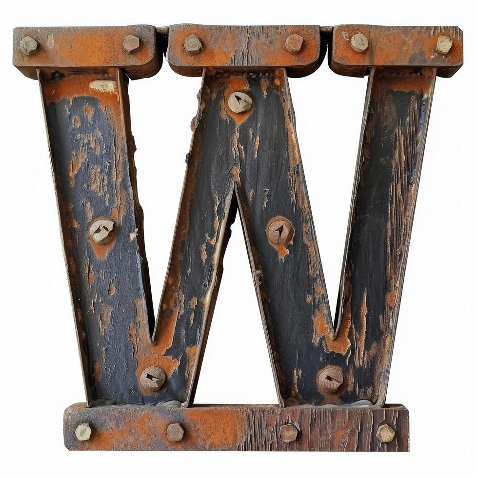 Rusty Metal Letter W Isolated on White Background photo