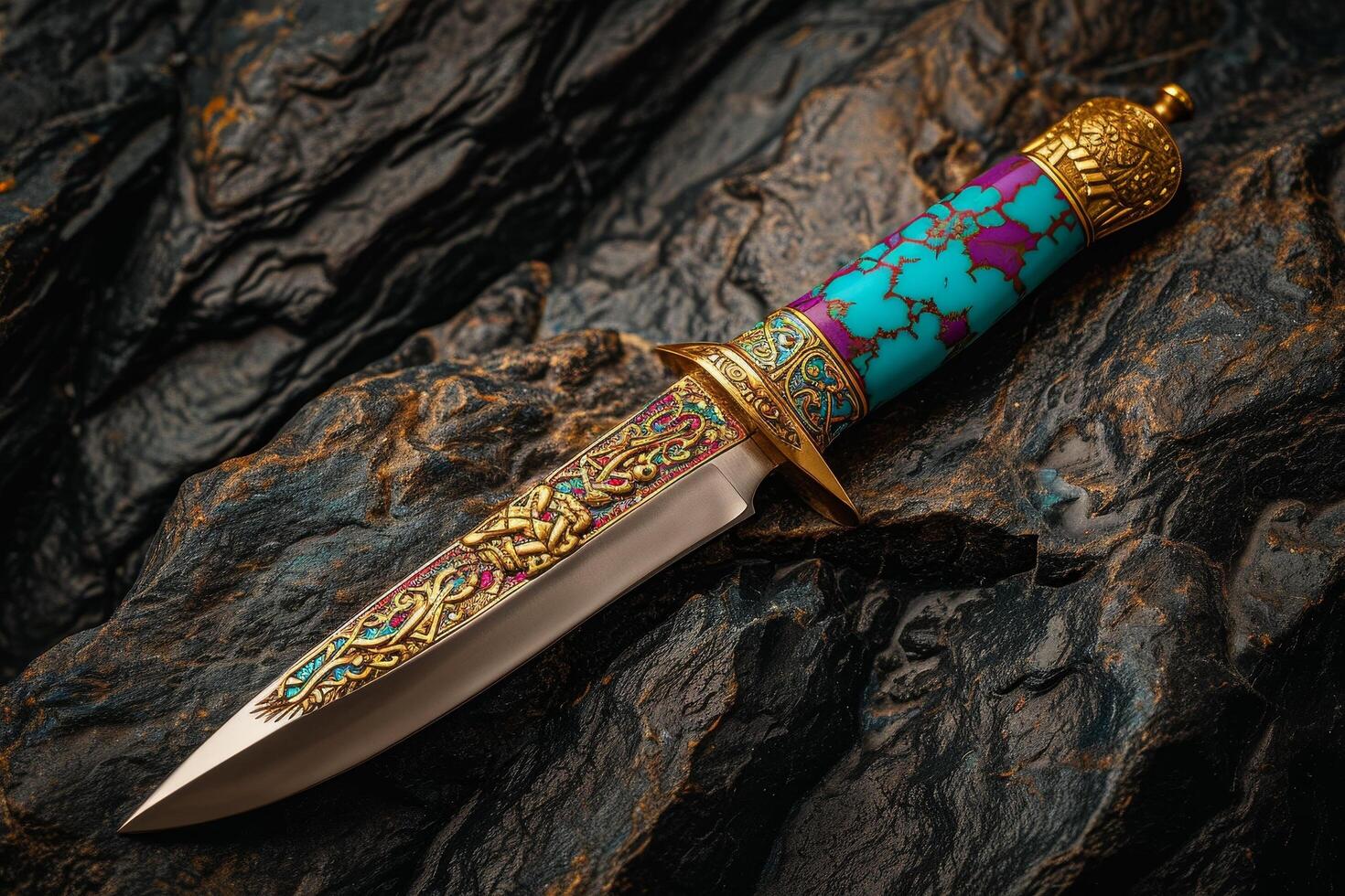 Ornate dagger on a textured rock surface photo