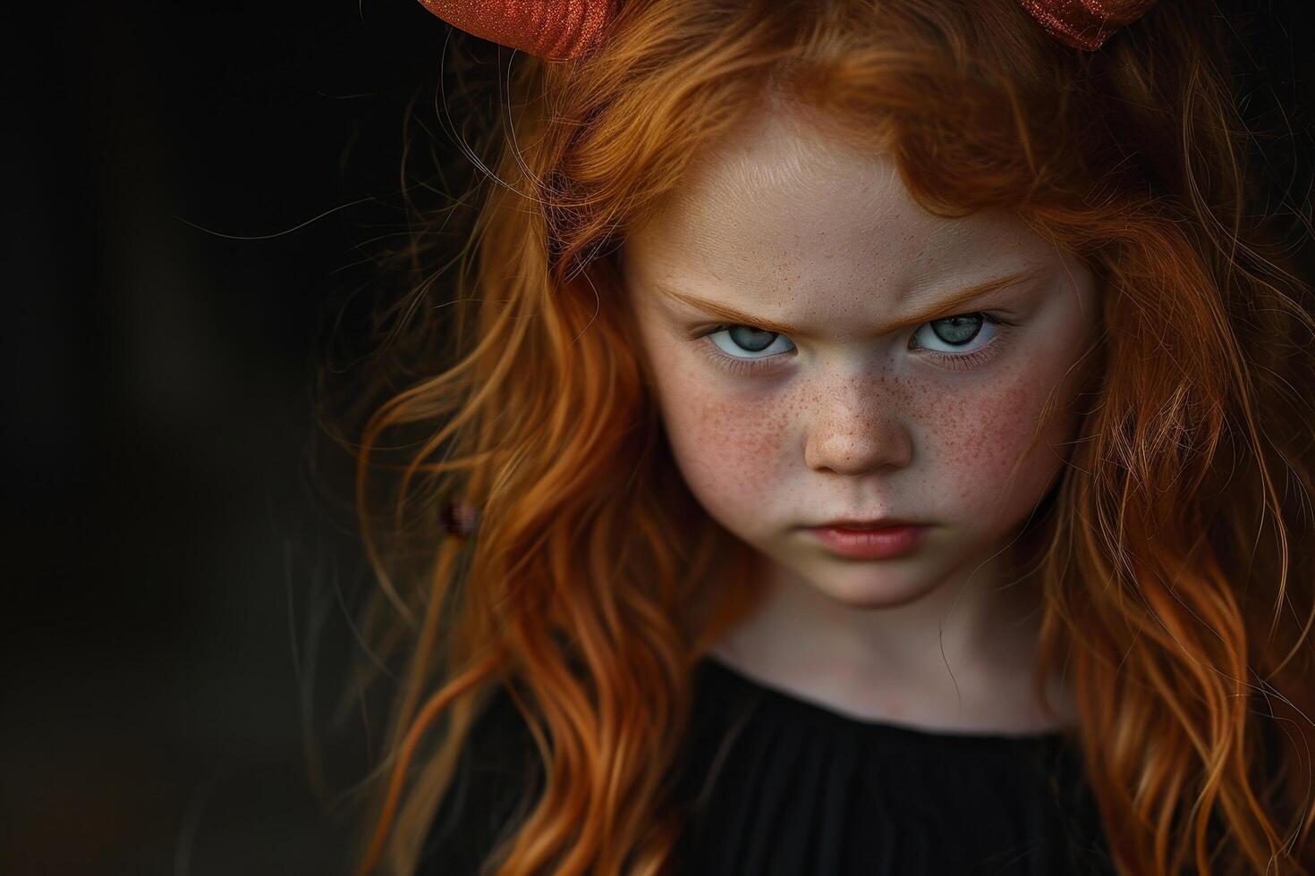 Young girl with intense expression wearing devil horns photo