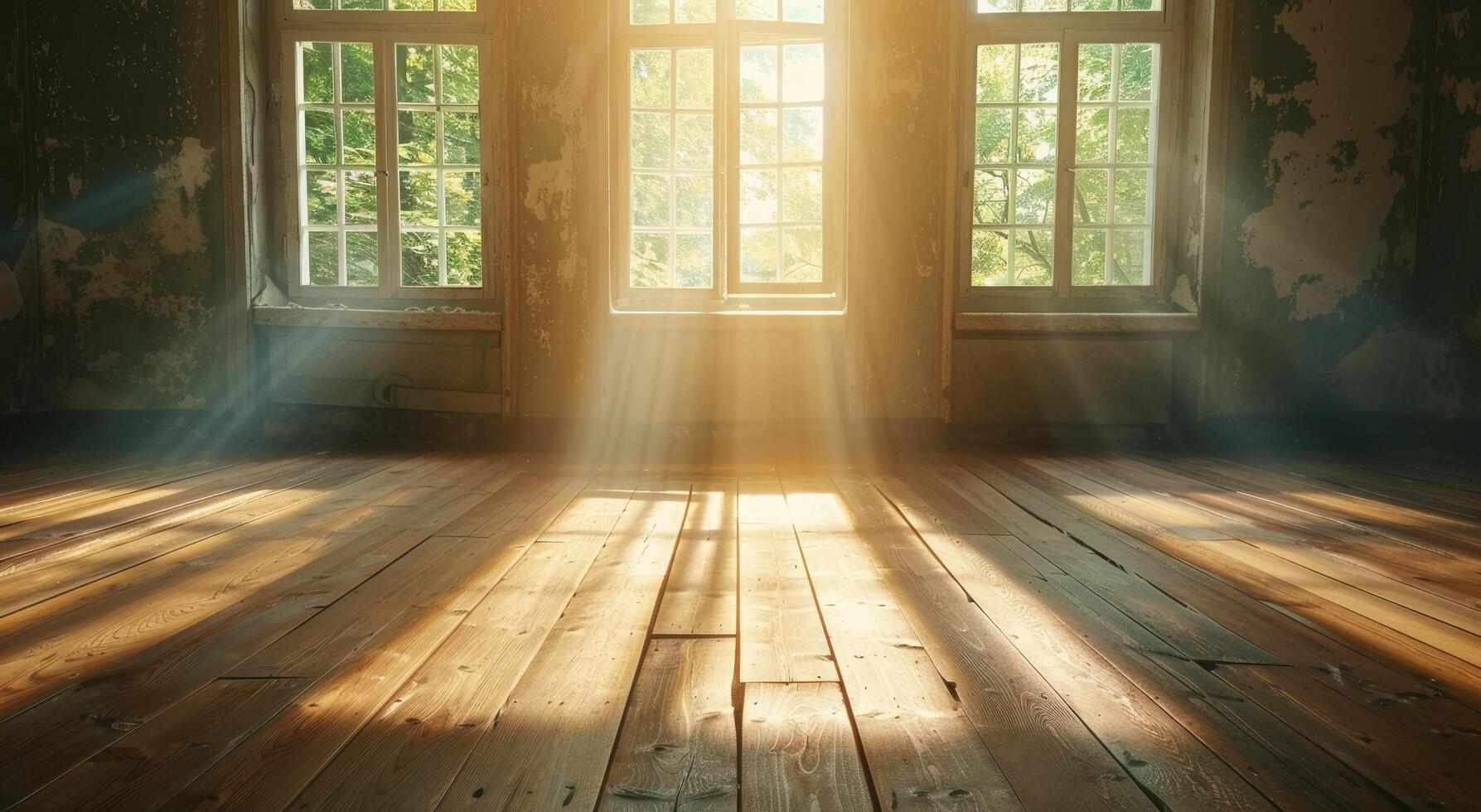 Sunlight streaming through windows of an abandoned room photo