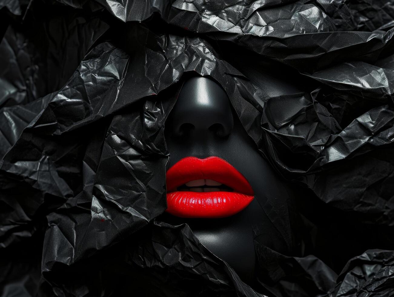 Mysterious red lips emerging from crumpled black paper photo