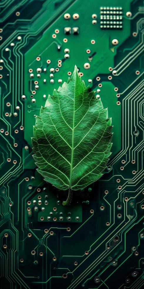 Green leaf on a circuit board representing eco friendly technology photo