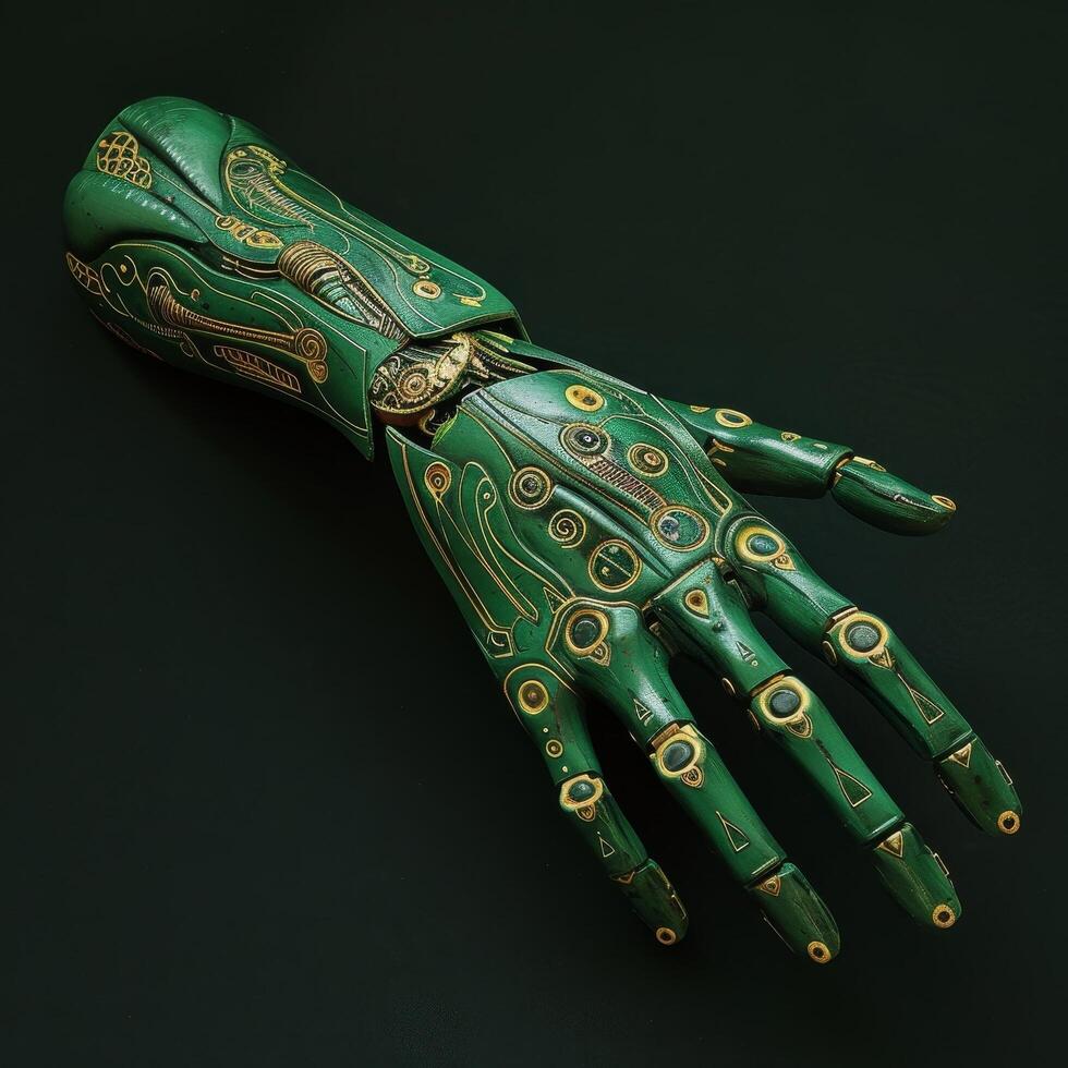 Intricately Designed Steampunk Robotic Hand on Dark Background photo