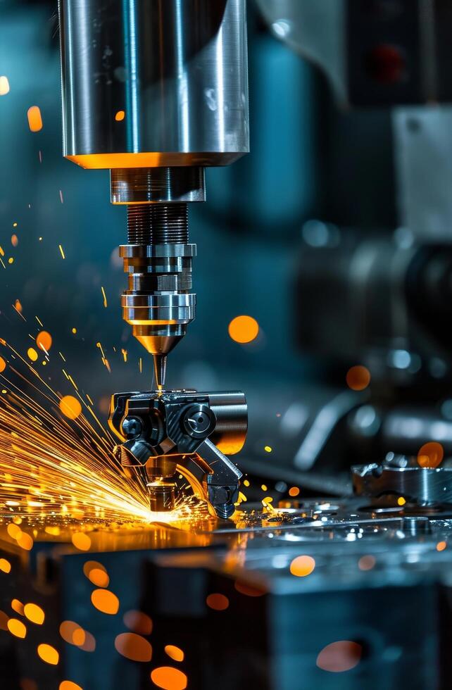 CNC machine at work with sparks flying from metal cutting process photo