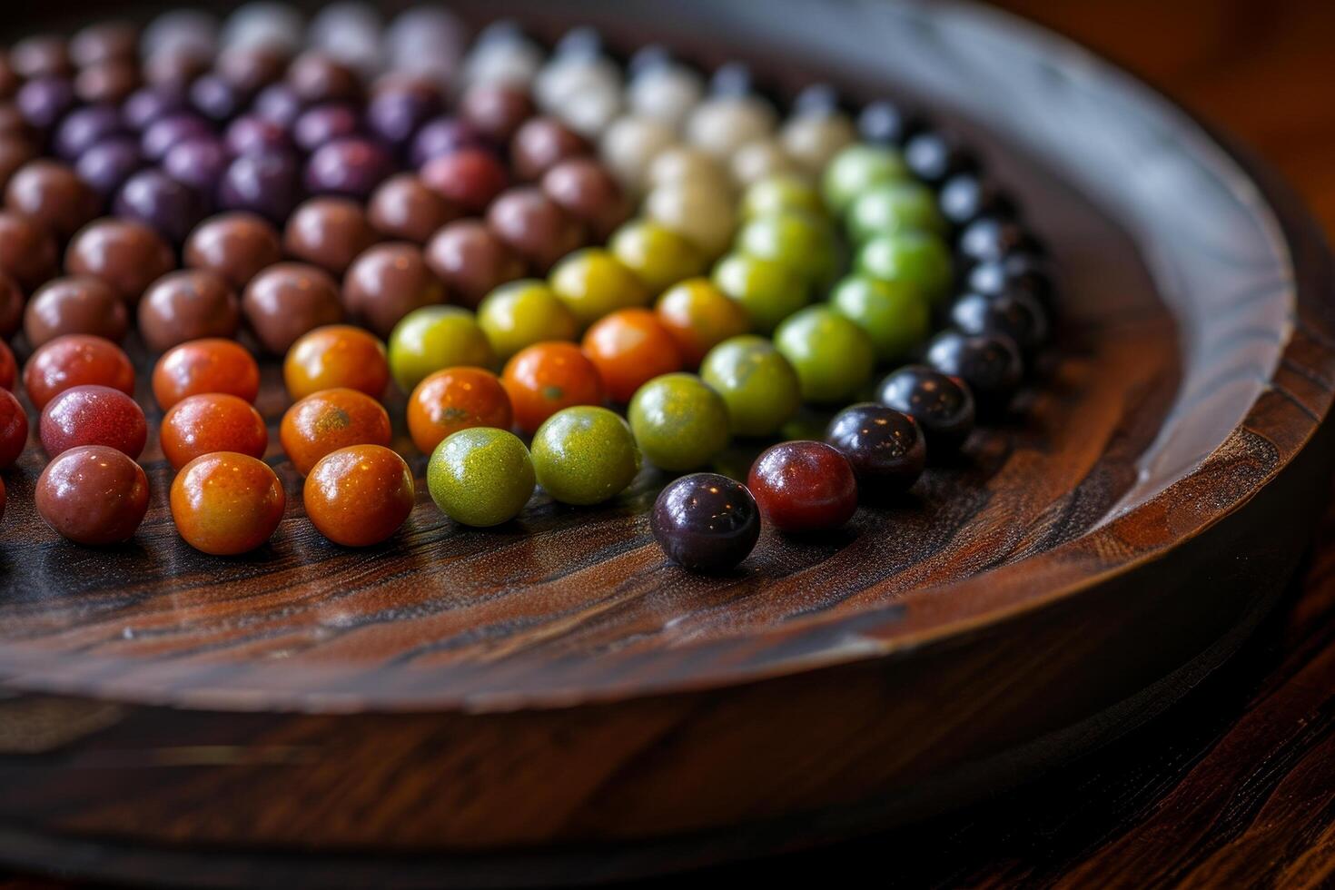 Colorful candies arranged in a spiral pattern on a wooden surface photo