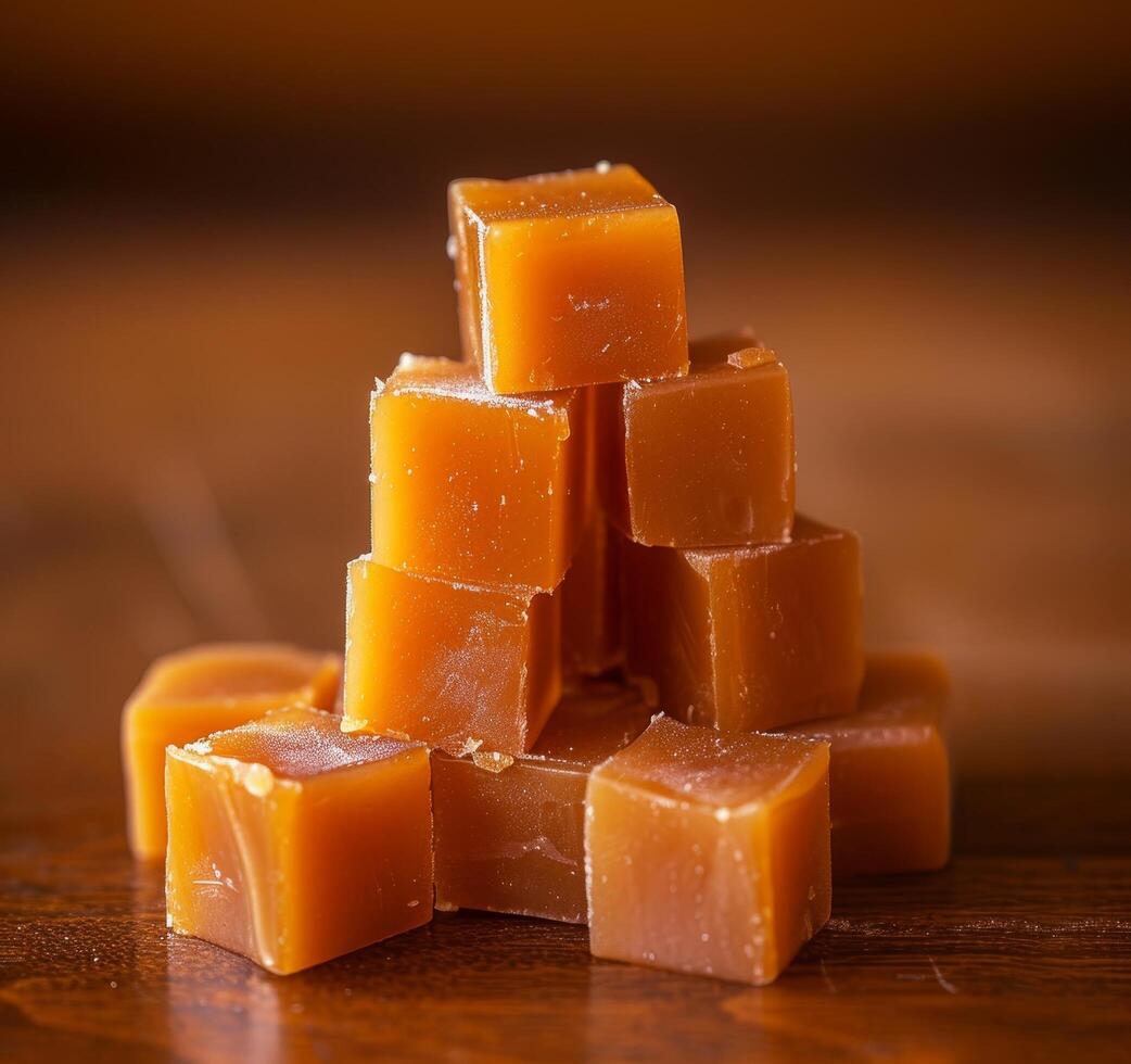 Stack of caramel candies on a wooden surface photo