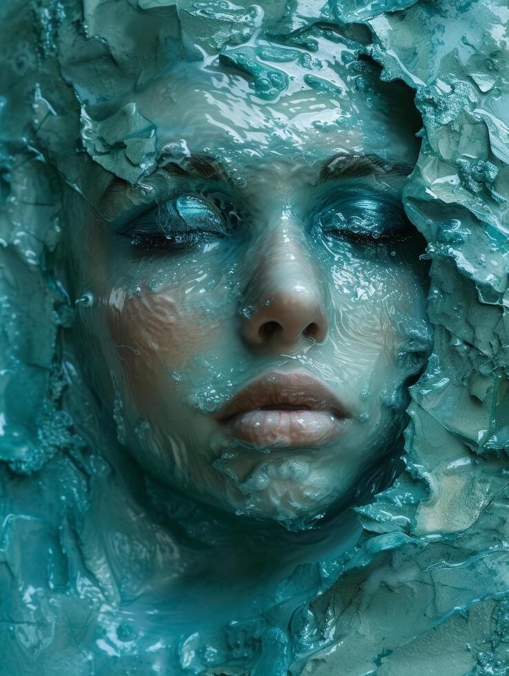 Artistic Portrait of a Woman with Textured Blue Paint photo