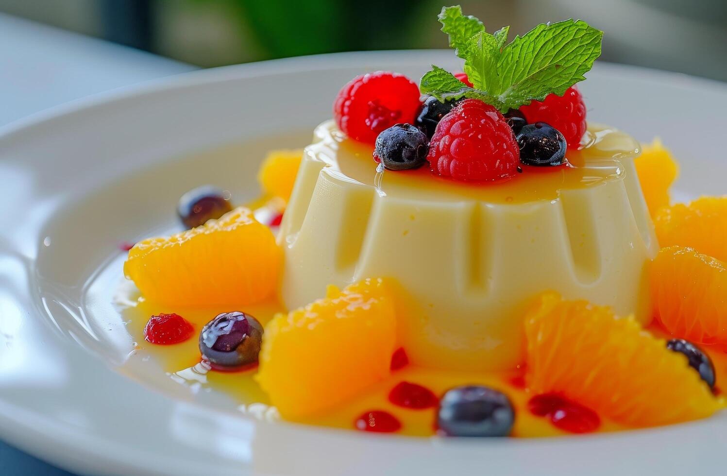 Delicious vanilla panna cotta with fresh berries and mint on top photo