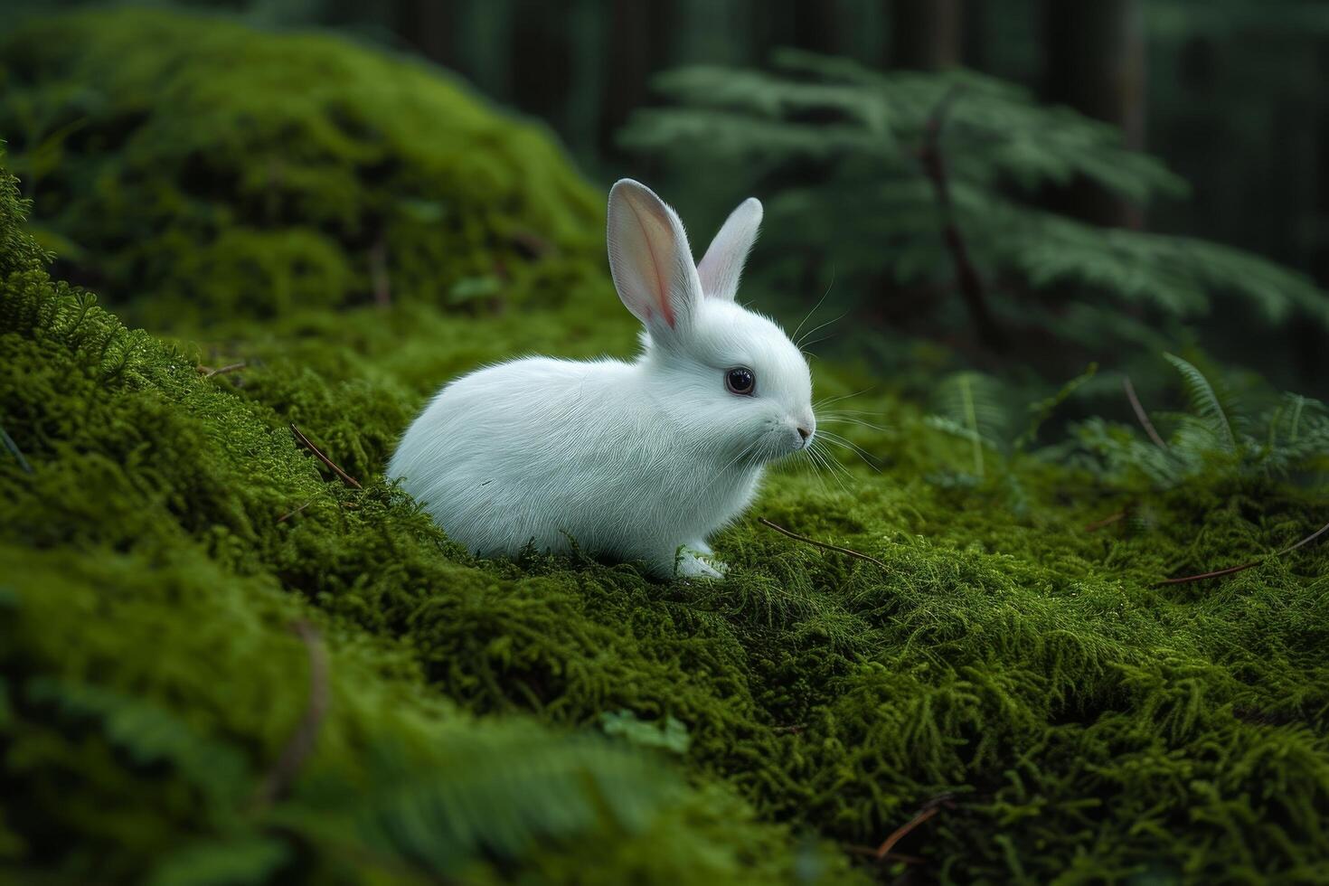 White Rabbit Sitting in a Lush Green Forest photo