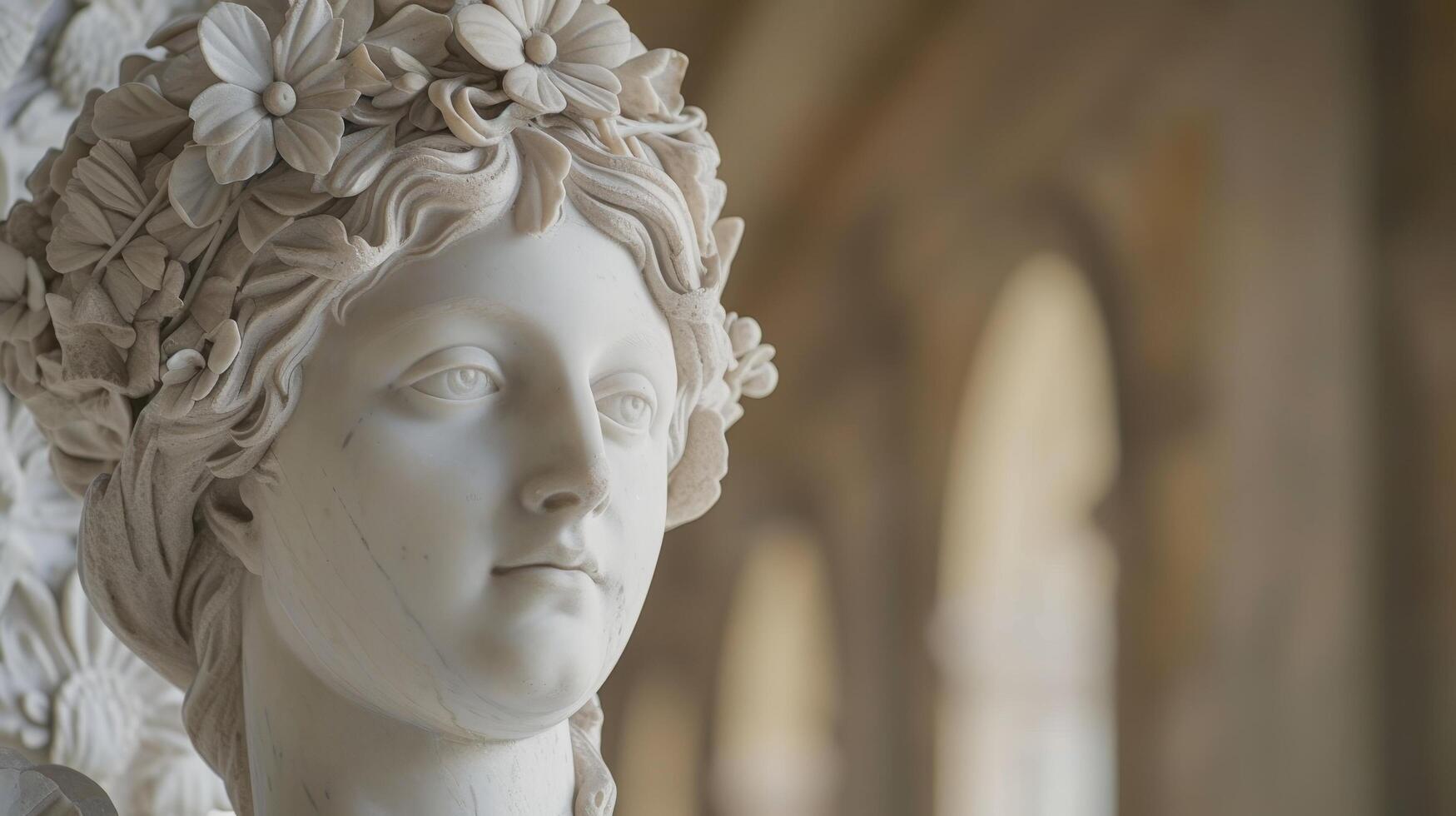 Elegant marble statue with floral crown in an archway setting photo