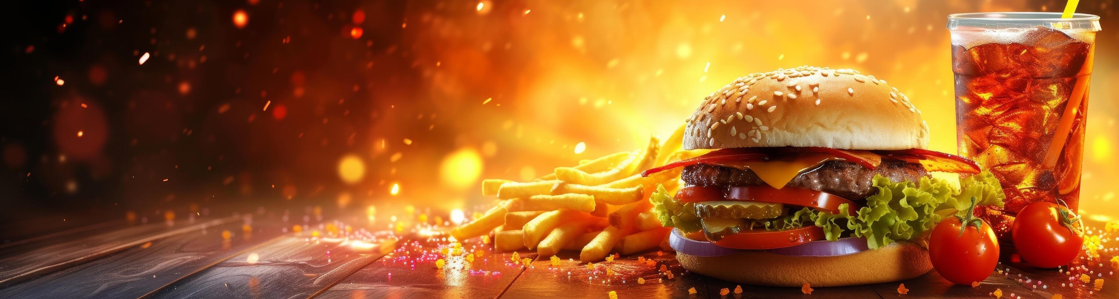 Delicious burger meal with fries and a drink on a fiery background photo