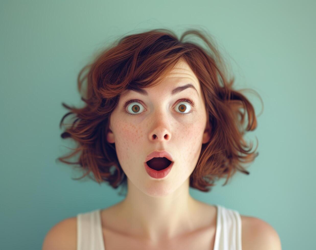 Surprised young woman with wide eyes and open mouth photo
