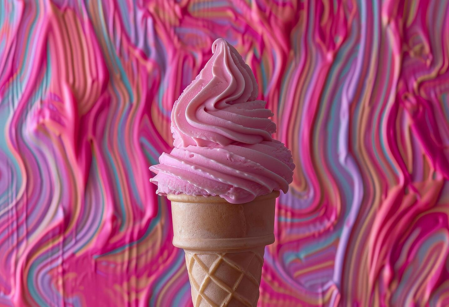 Close up of a pink soft serve ice cream cone with colorful background photo