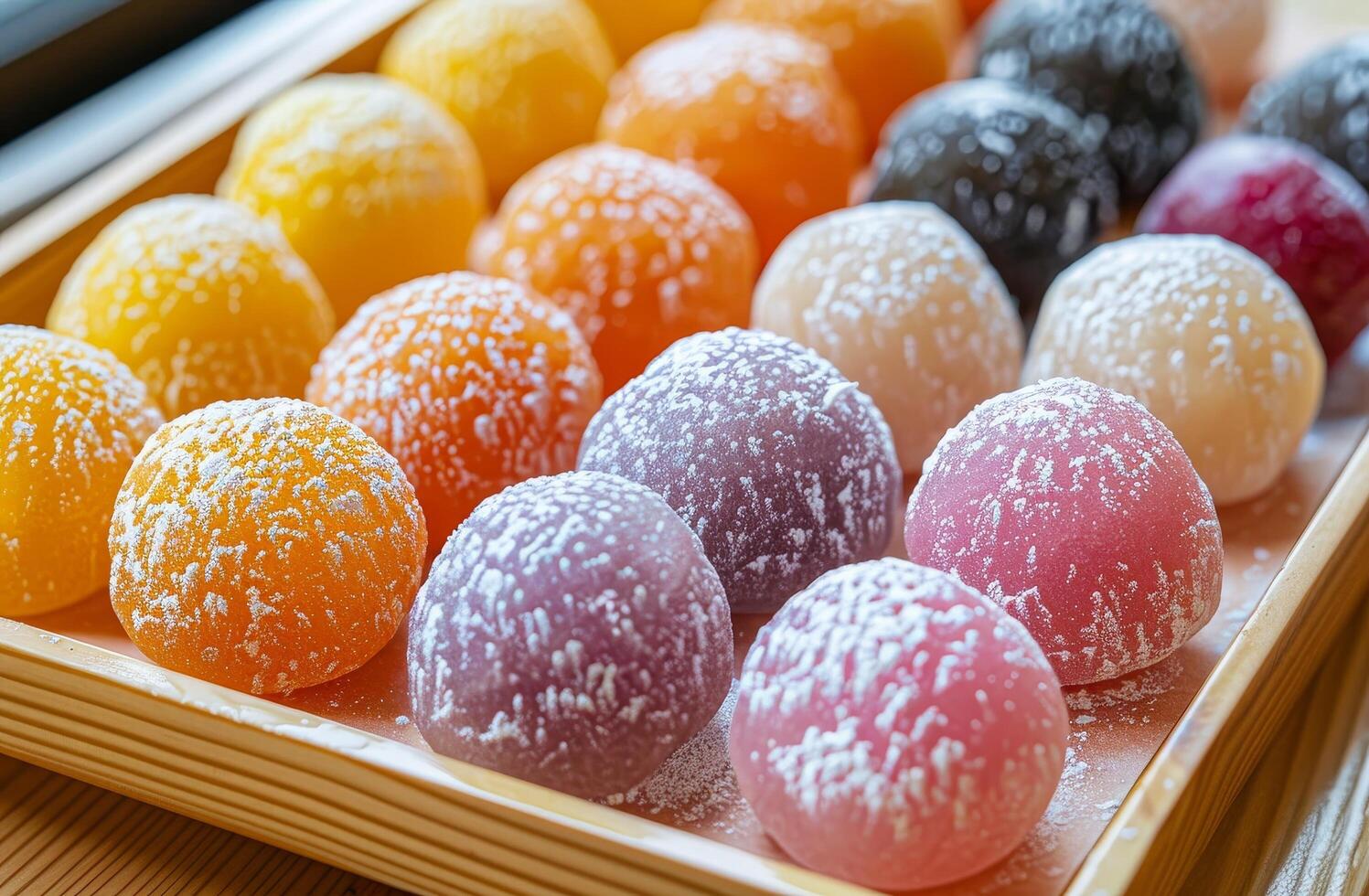 Assorted colorful mochi ice cream on a tray photo
