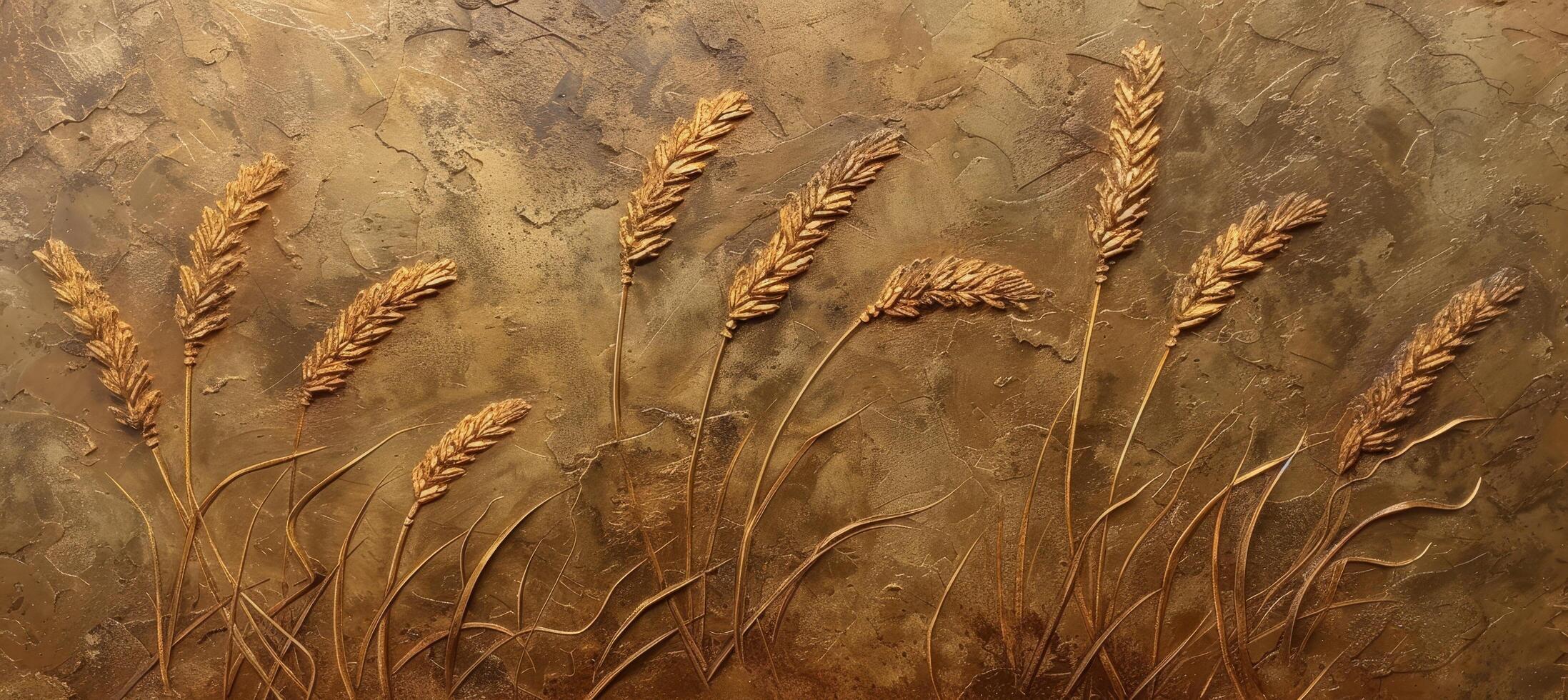Golden wheat stalks embossed on a textured background photo