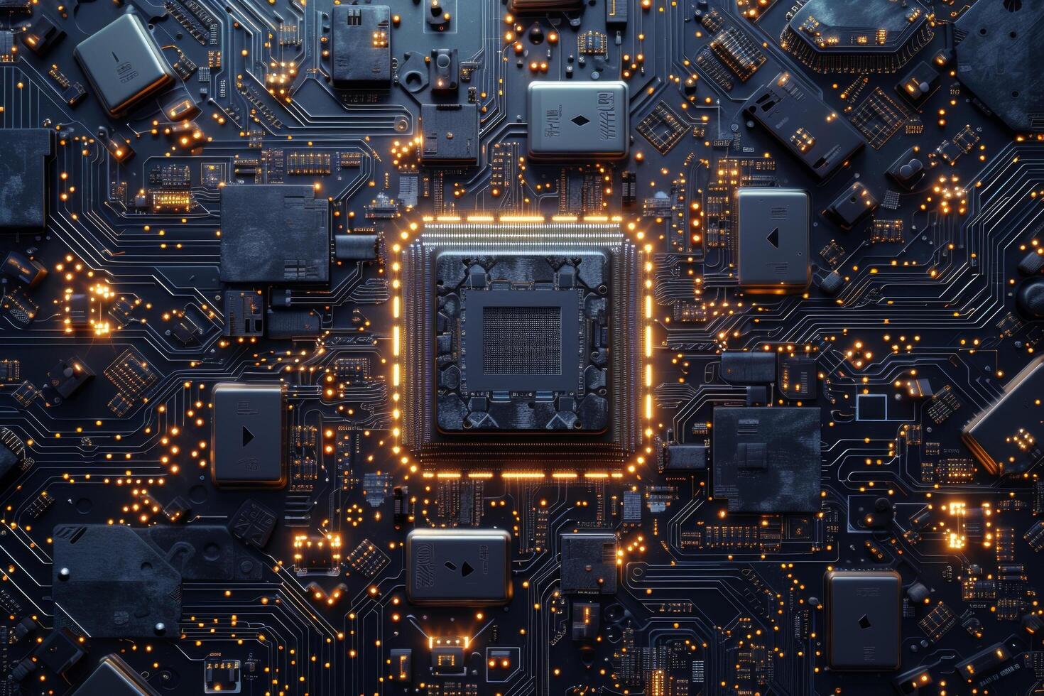 High tech electronic circuit board with glowing elements photo