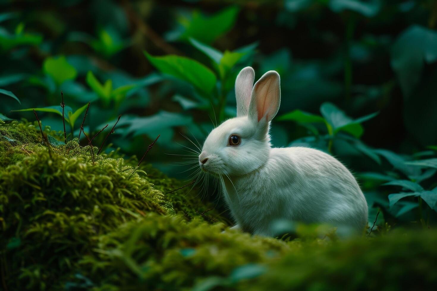 White rabbit sitting in a lush green forest photo