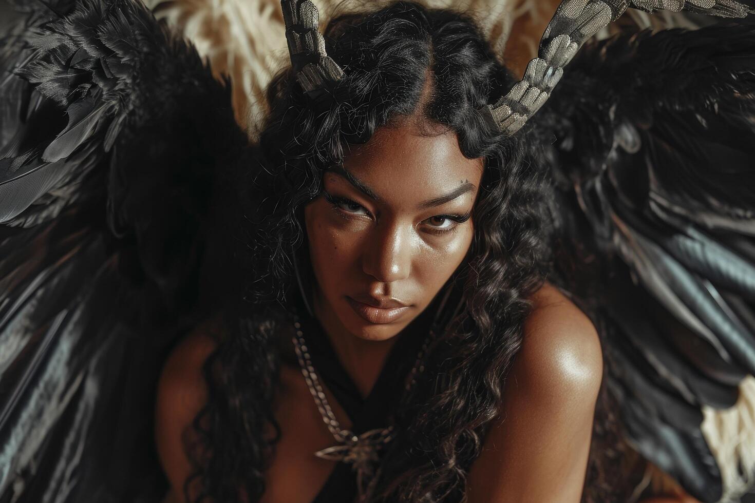 Mysterious woman with dark angel wings photo