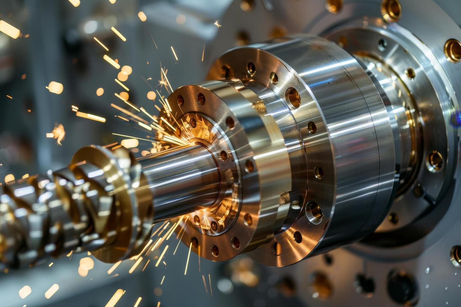 Precision Engineering with Sparks Flying from Metalworking Lathe photo