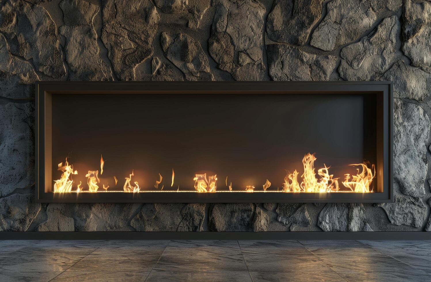 Modern fireplace embedded in a stone wall photo