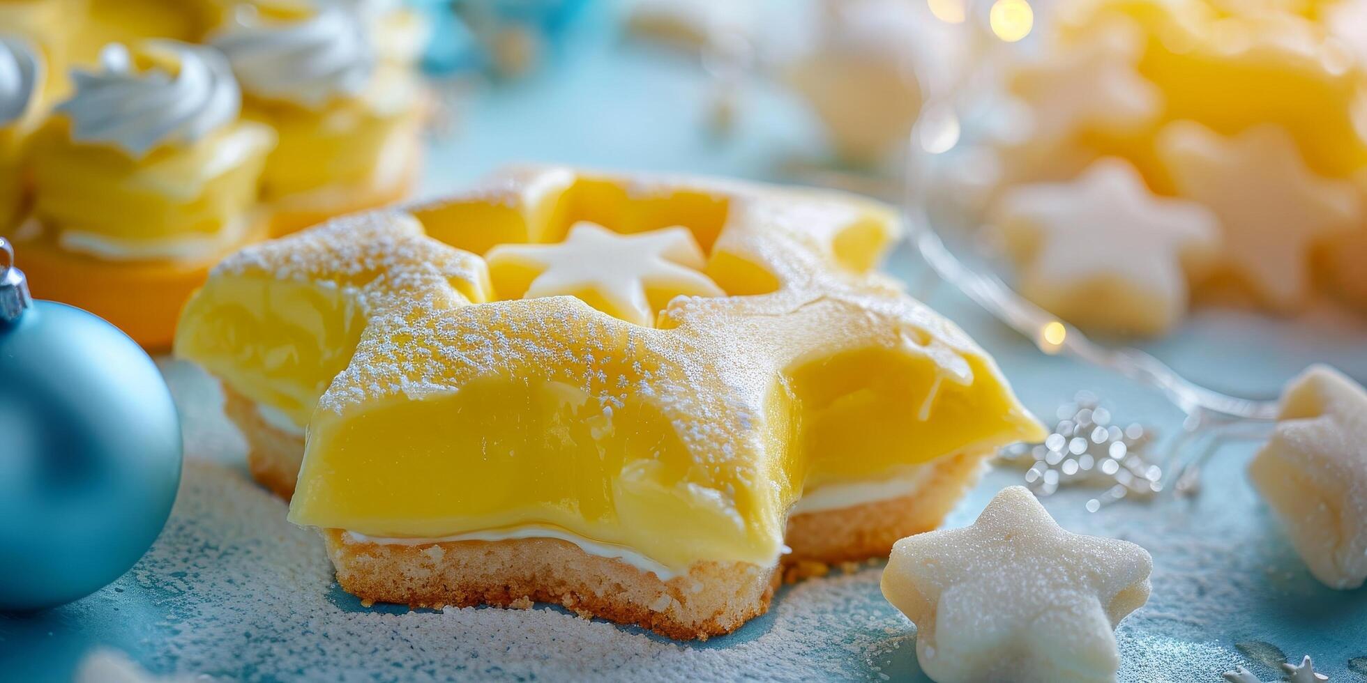 Festive Star Shaped Lemon Tart with Icing Sugar on a Holiday Table photo