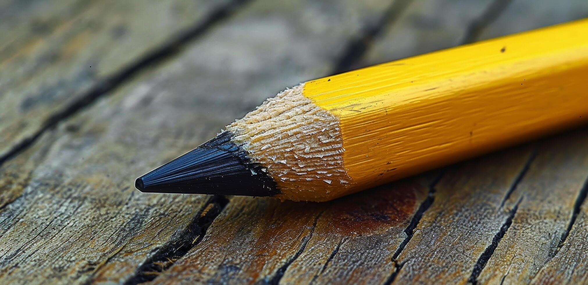 Close up of a sharpened pencil on a wooden surface photo