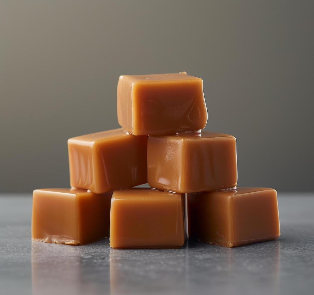 Stack of caramel candies on a reflective surface photo