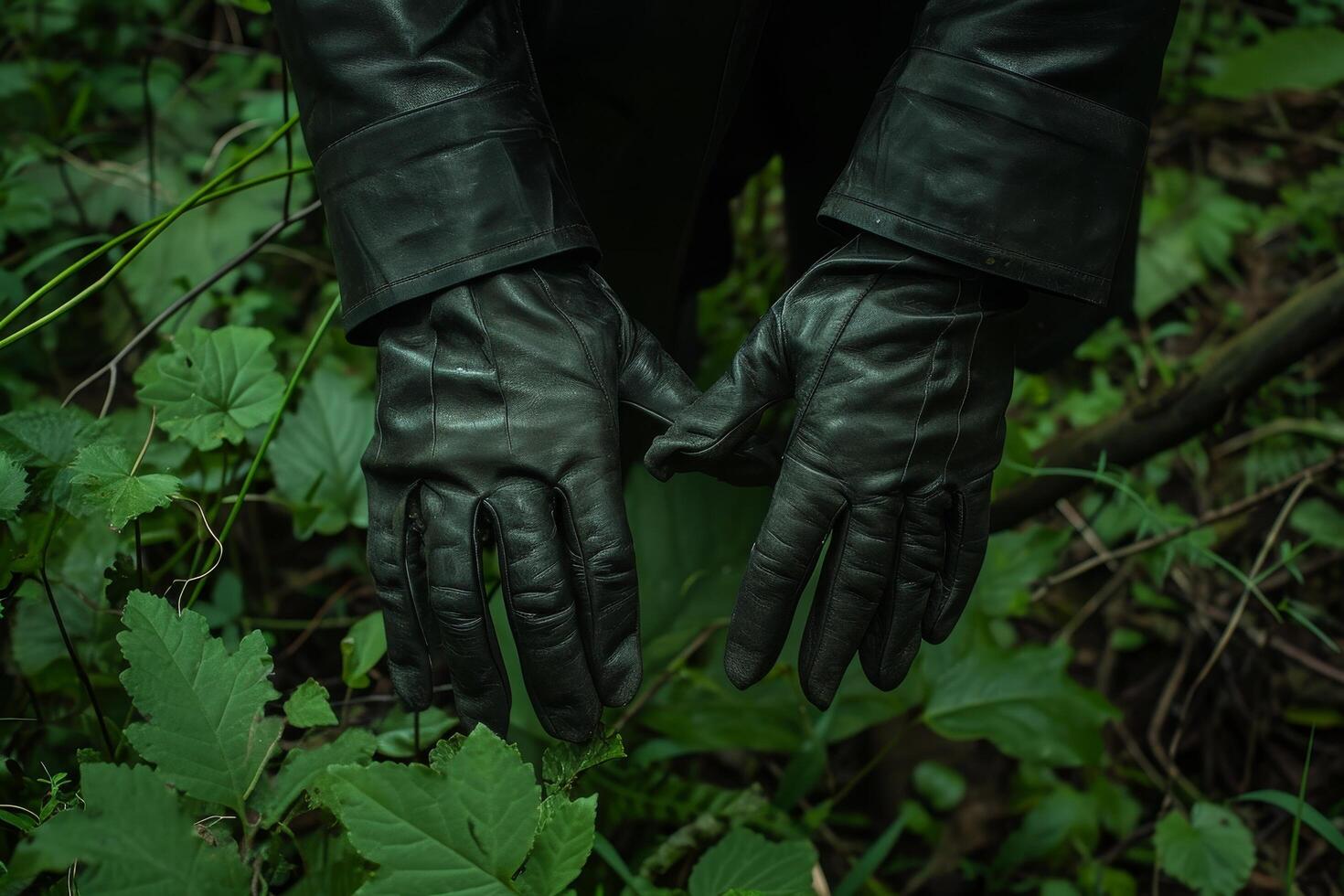Close up of hands wearing black leather gloves in a natural setting photo