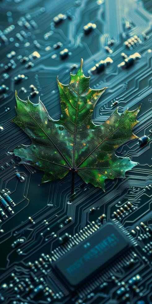 Nature Meets Technology Concept with Leaf on Circuit Board photo