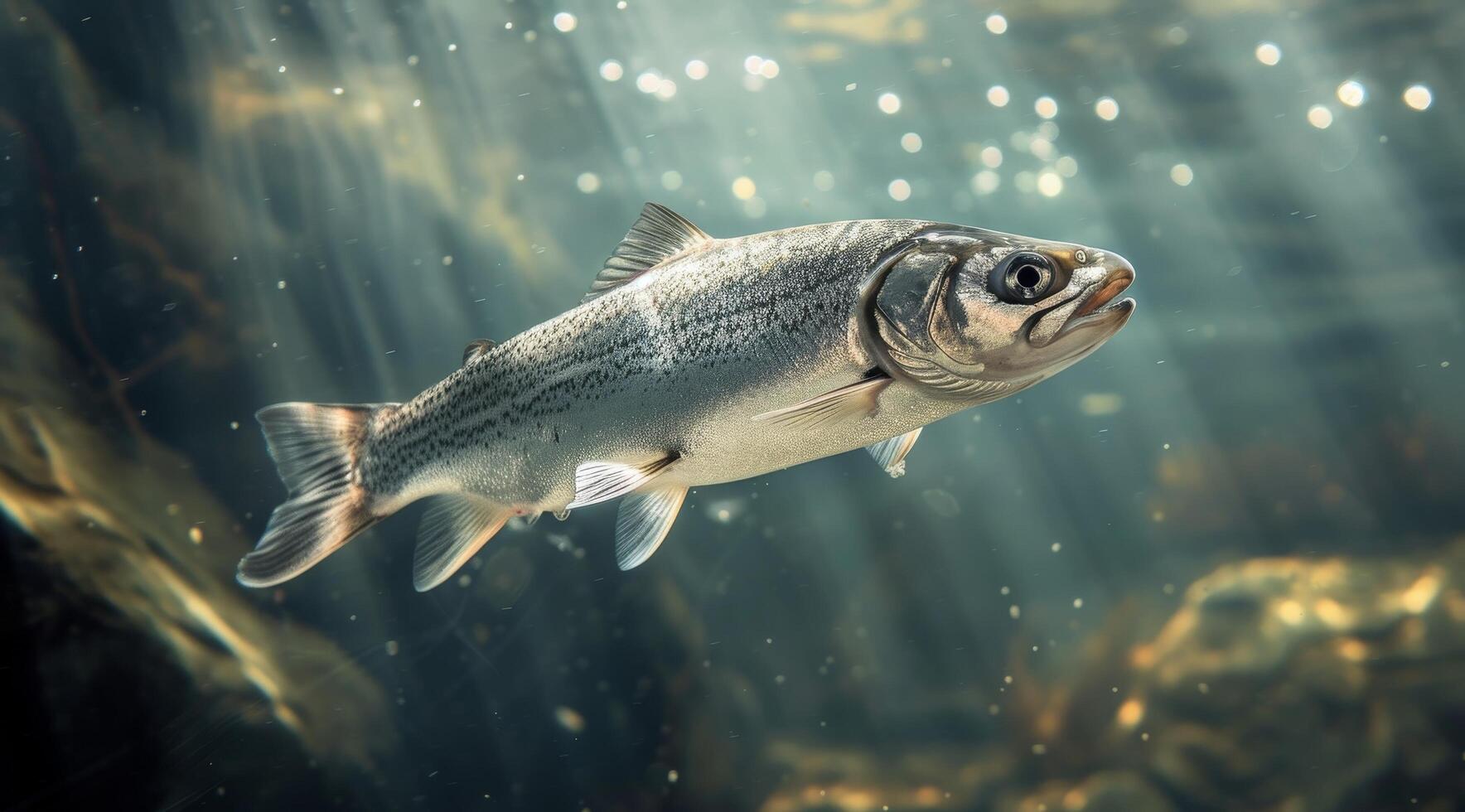 Underwater view of a single fish swimming in the ocean photo