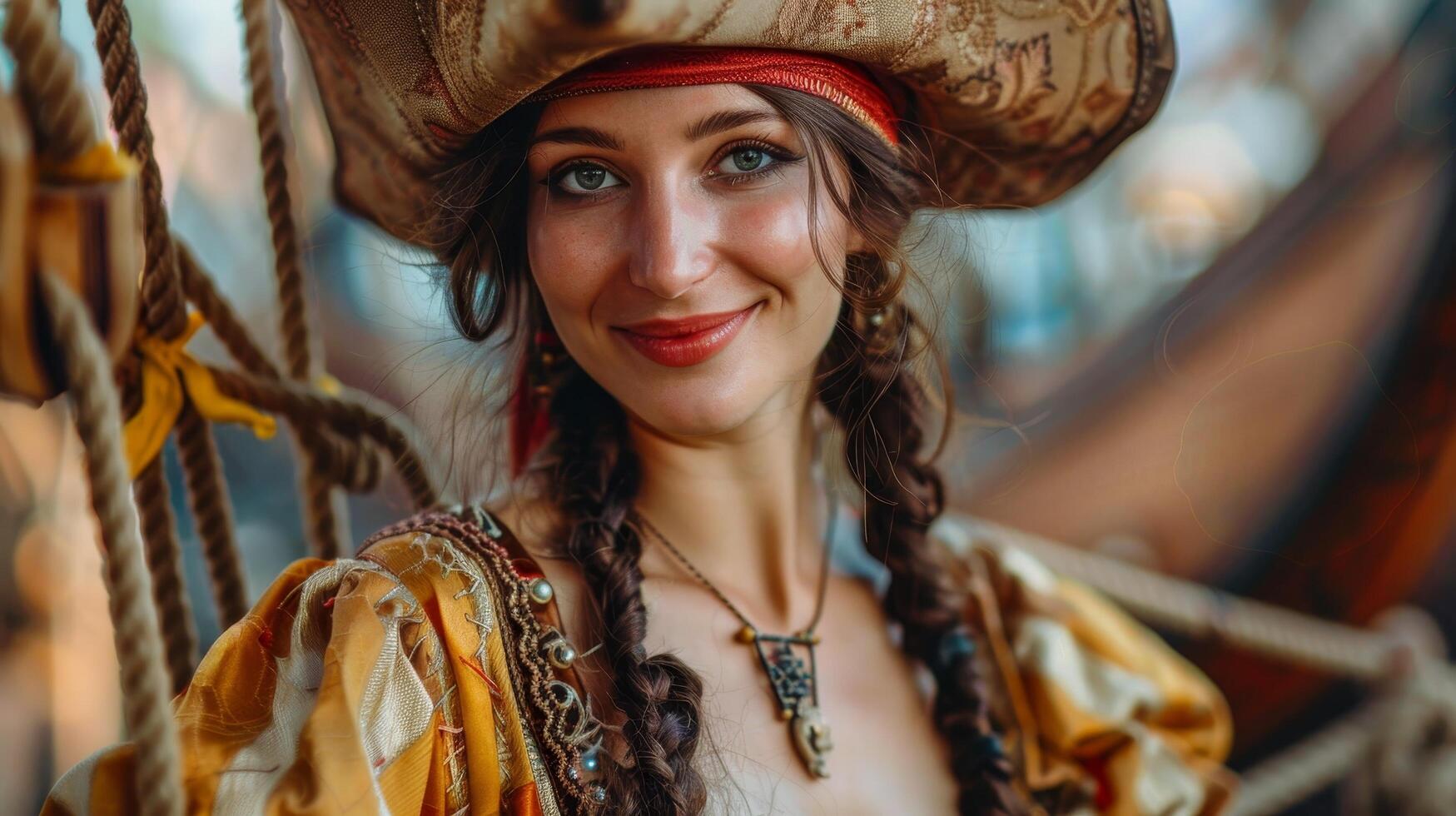 Smiling Woman Dressed as a Pirate on a Ship photo