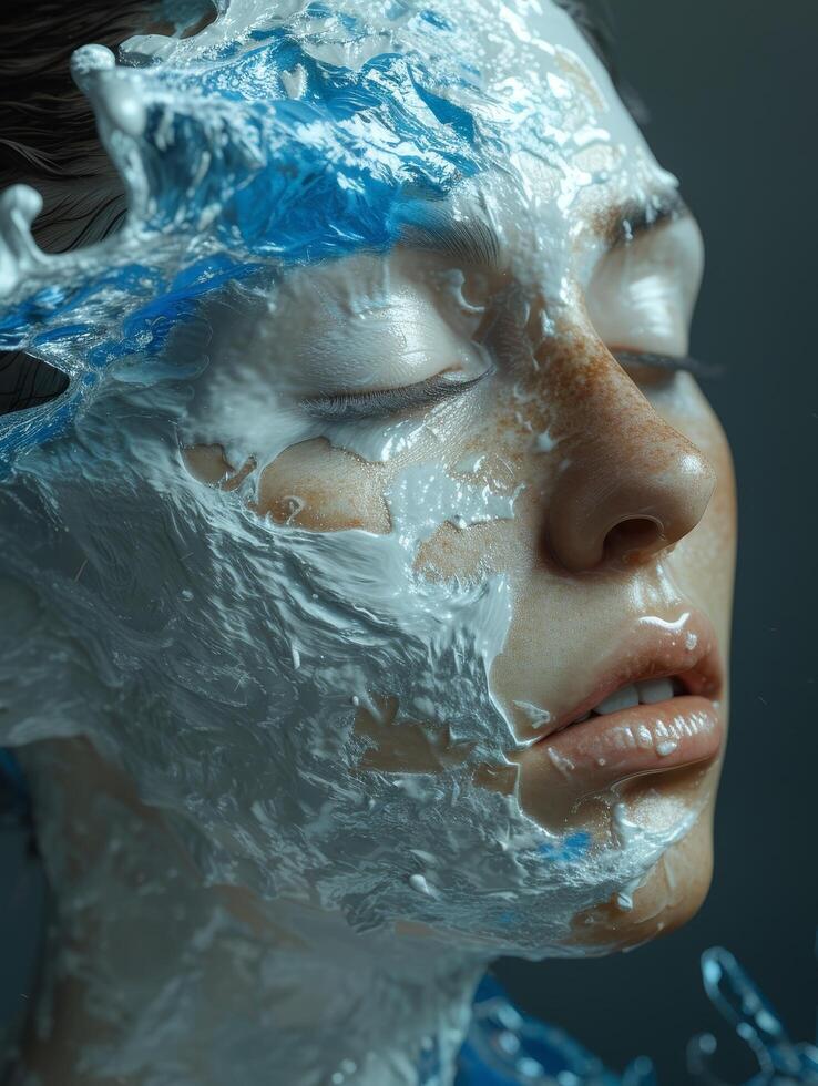 Close up of a serene face with water splashing over it photo