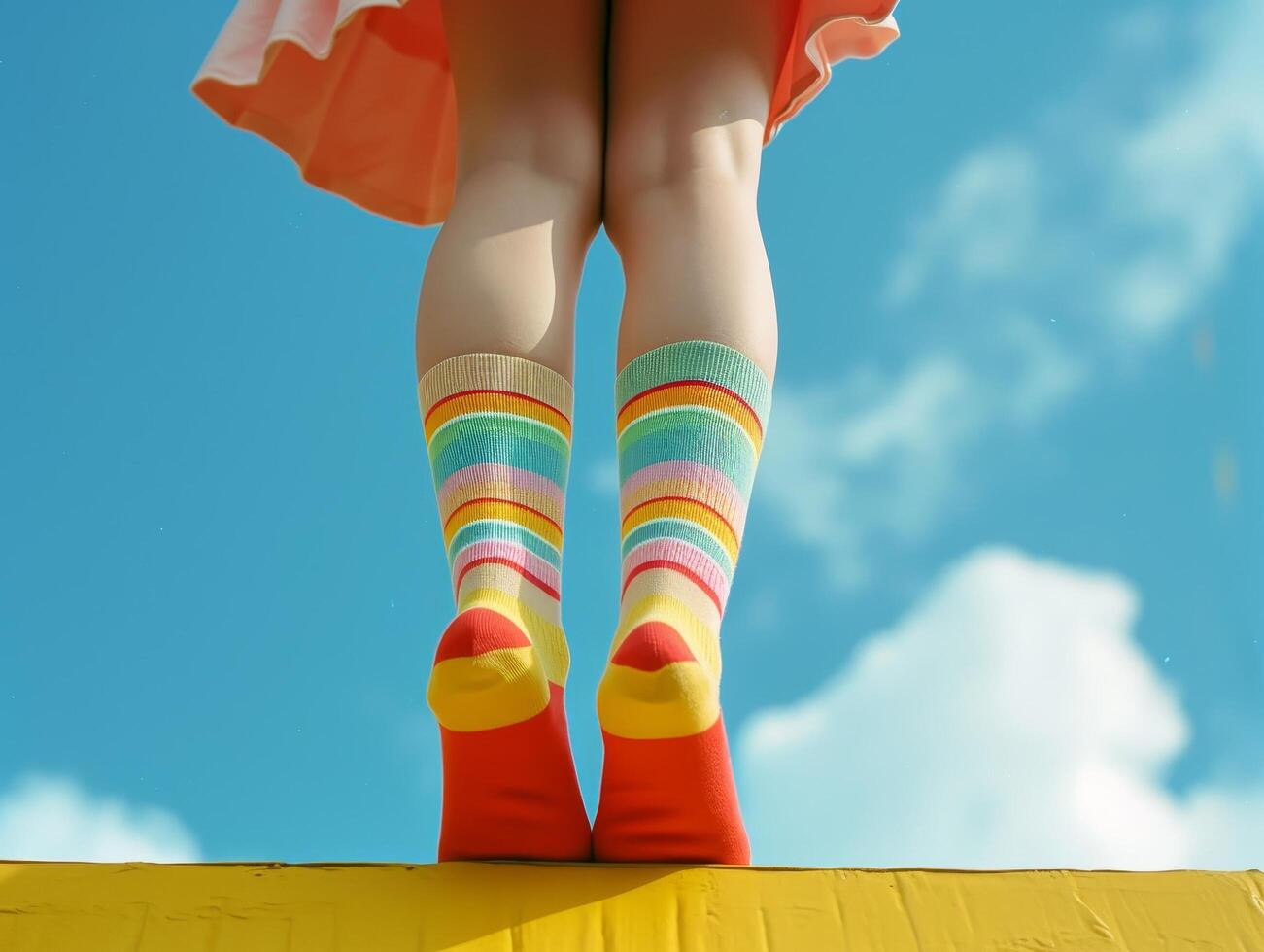Child in colorful socks standing against a blue sky photo