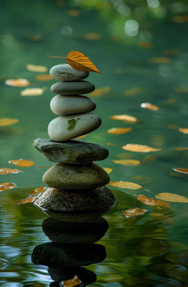 Zen stones in balance with autumn leaf on top photo