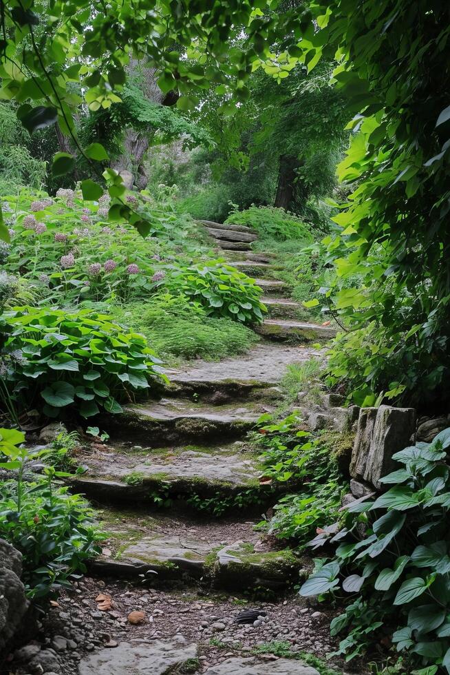 Mossy stone steps leading through a lush garden photo