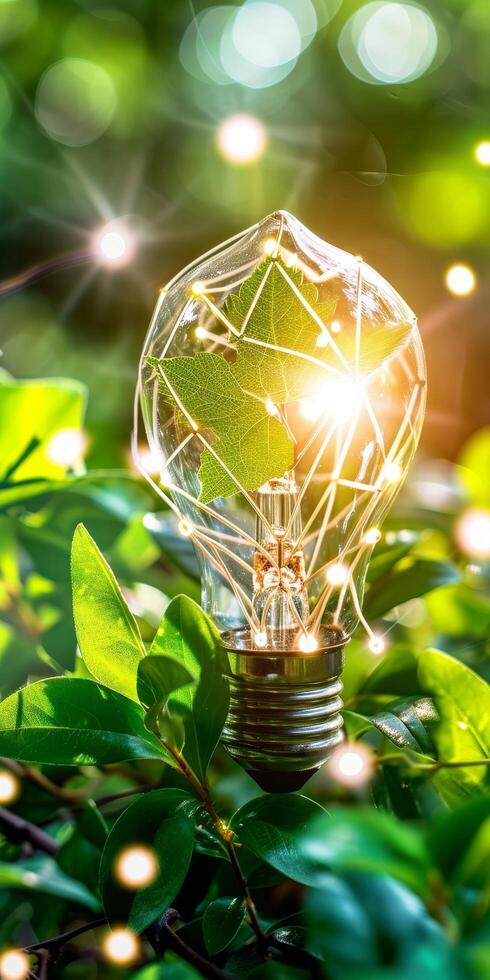 Eco Friendly Energy Concept with Light Bulb and Green Leaves photo