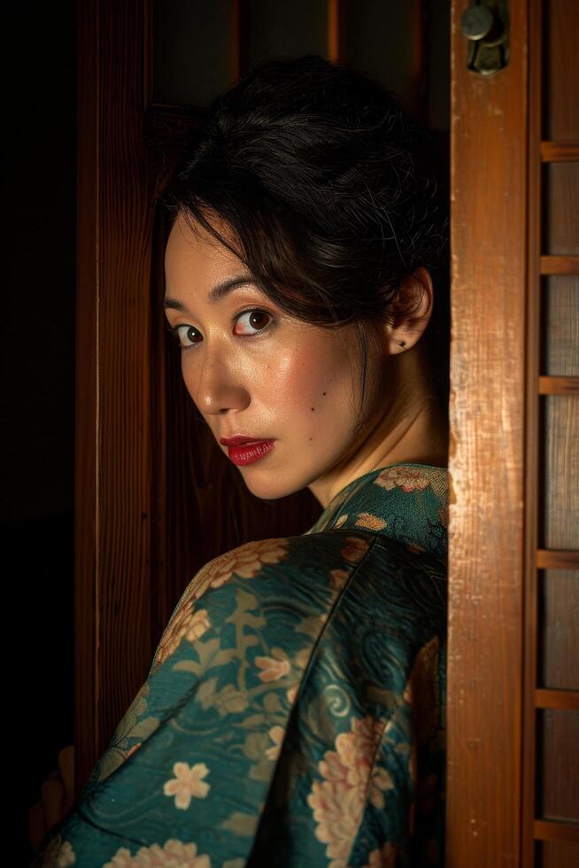 Elegant woman in traditional attire posing by a wooden door photo
