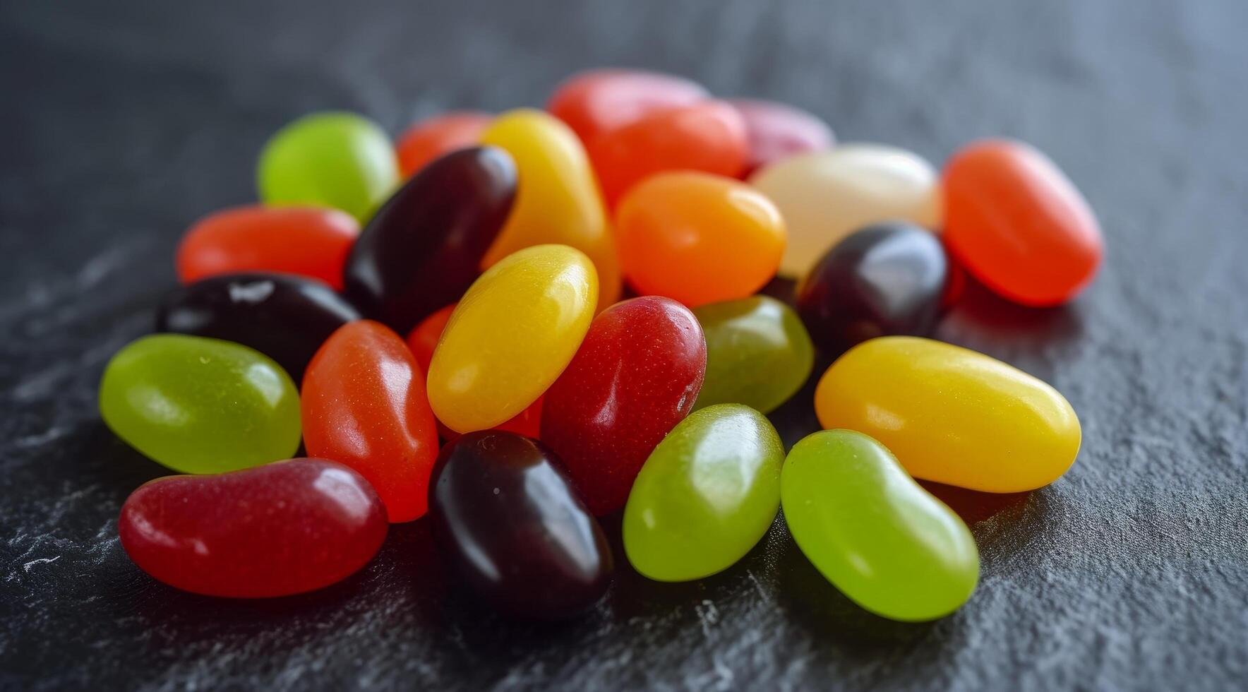 Assorted colorful jelly beans on a dark surface photo