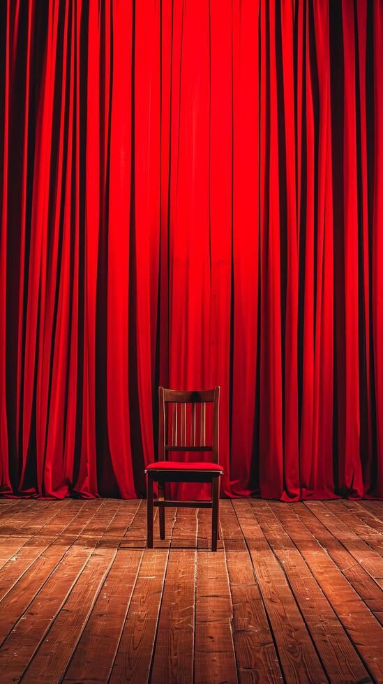 Empty chair on stage with red curtains backdrop photo
