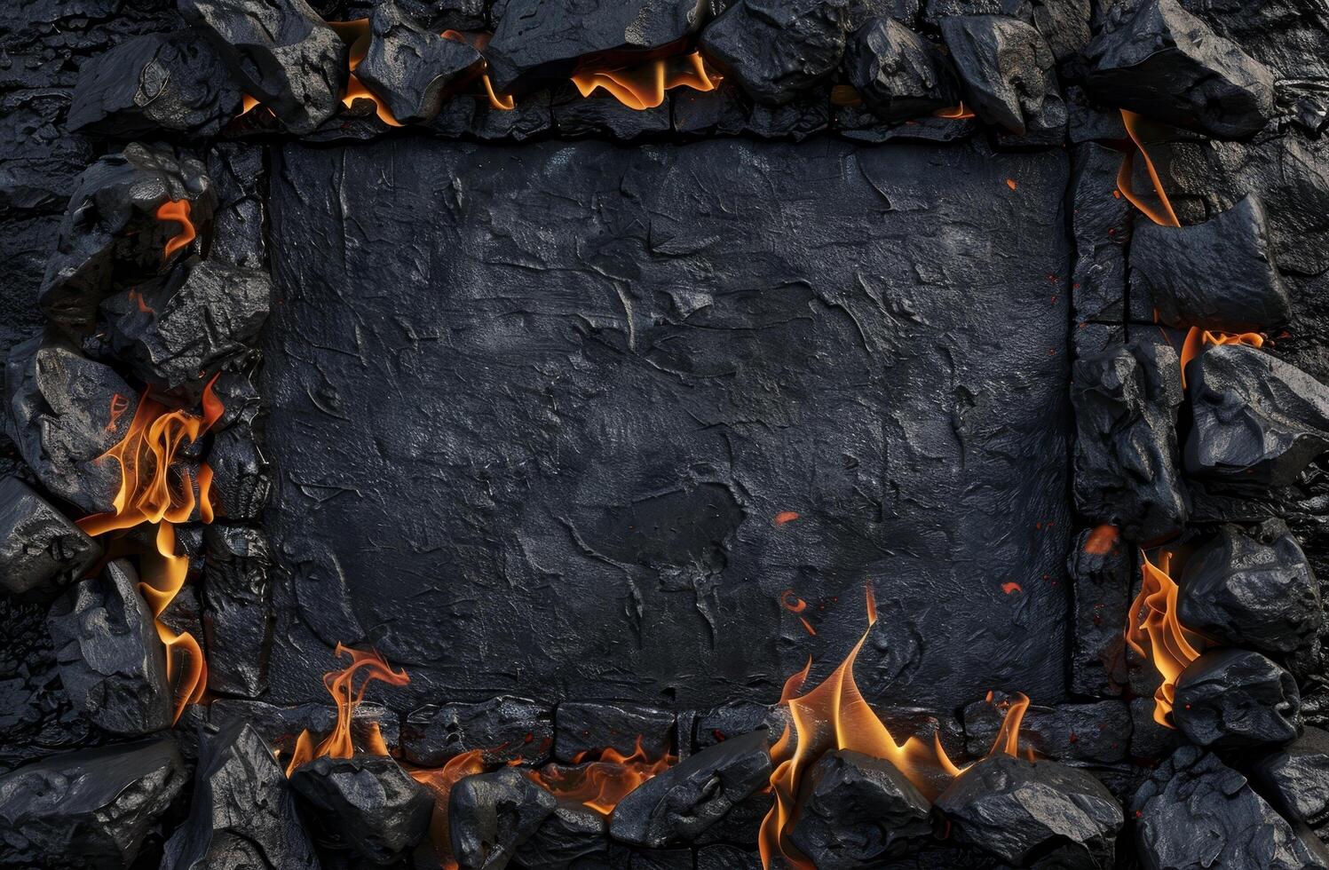 Fiery flames amidst dark rocks forming a frame photo