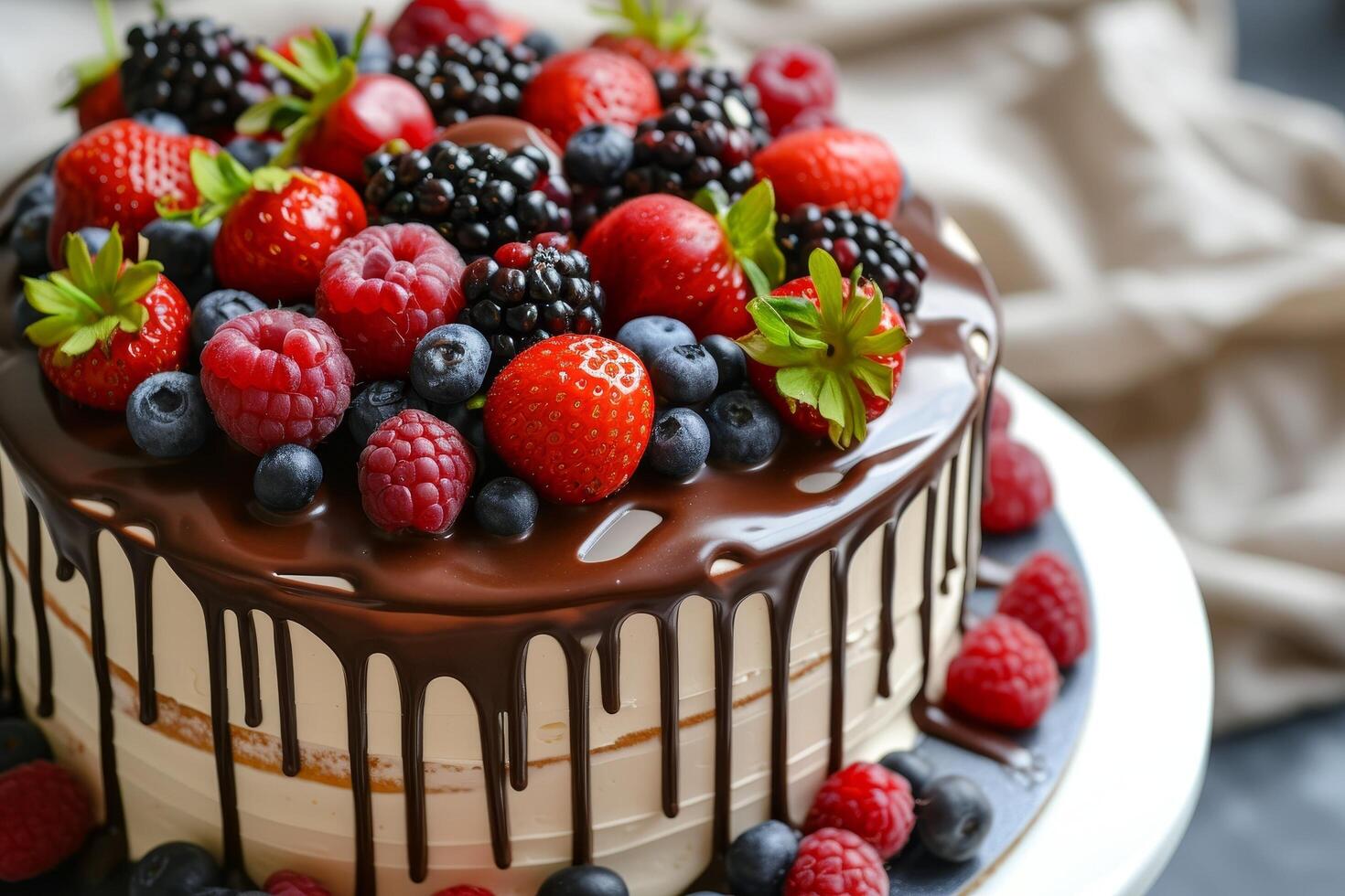 Gourmet Berry Chocolate Cake on Elegant Table Setting photo