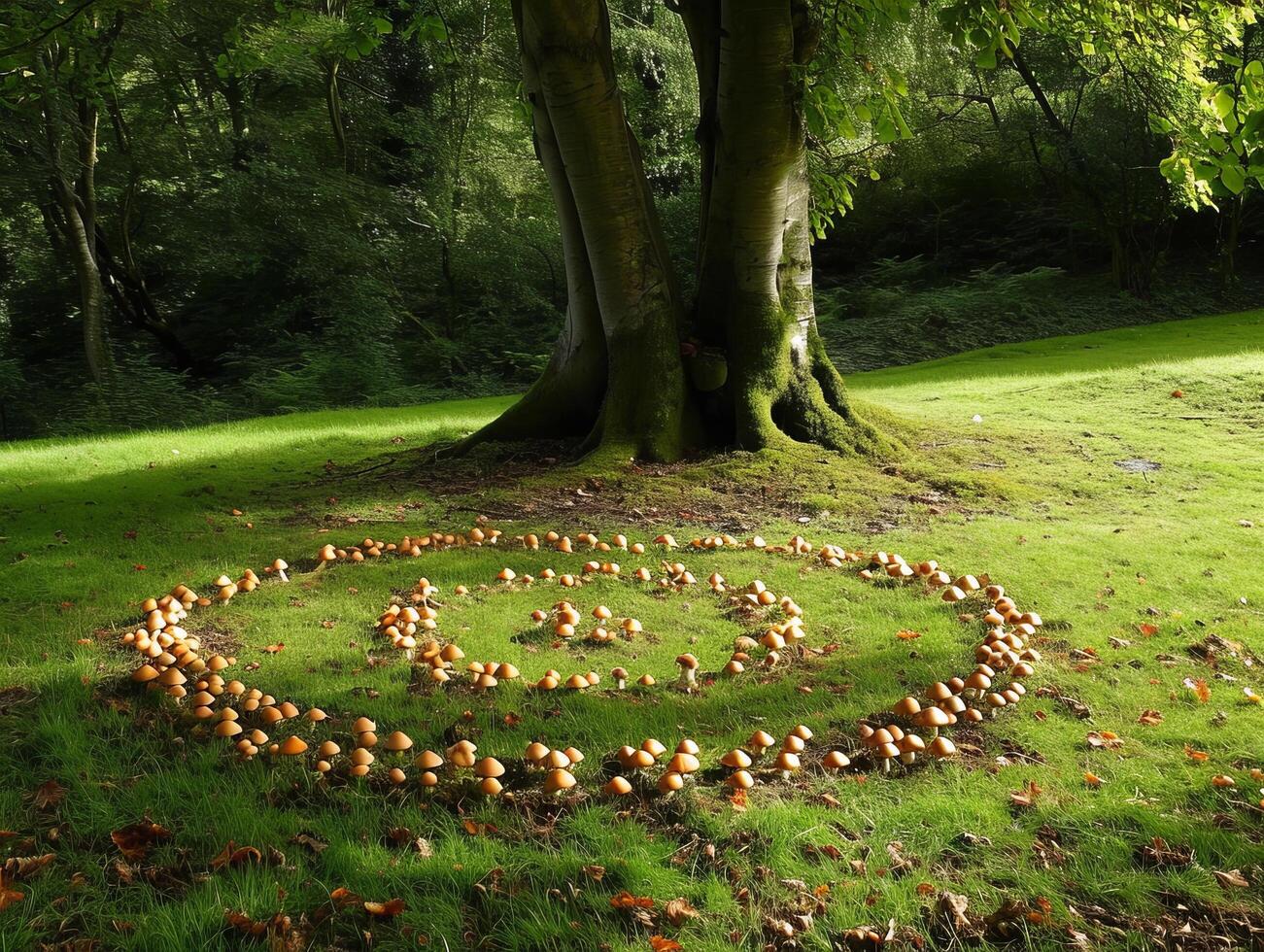 Spiral of mushrooms in a forest clearing photo