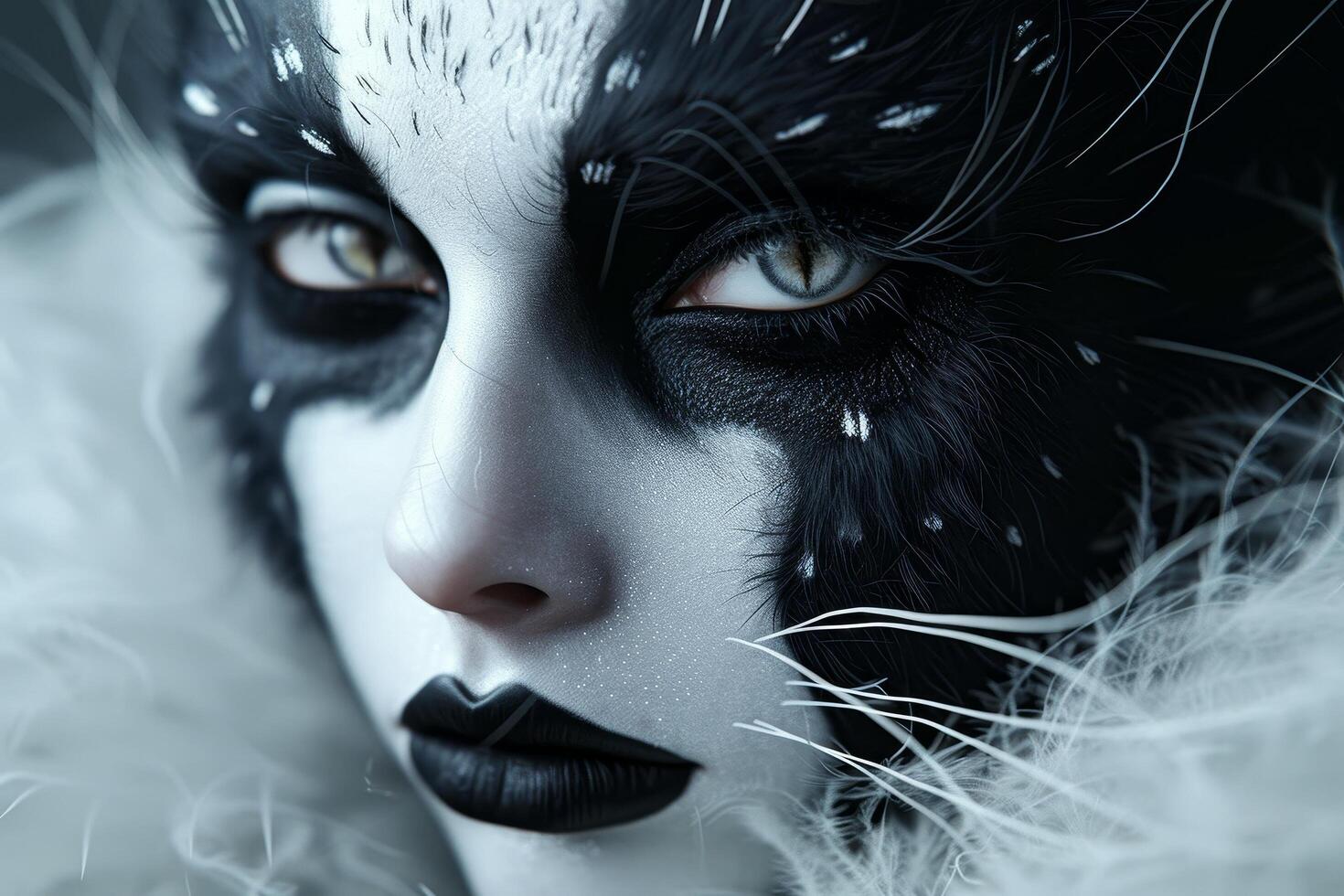 Mysterious person with black and white face paint and feathers photo