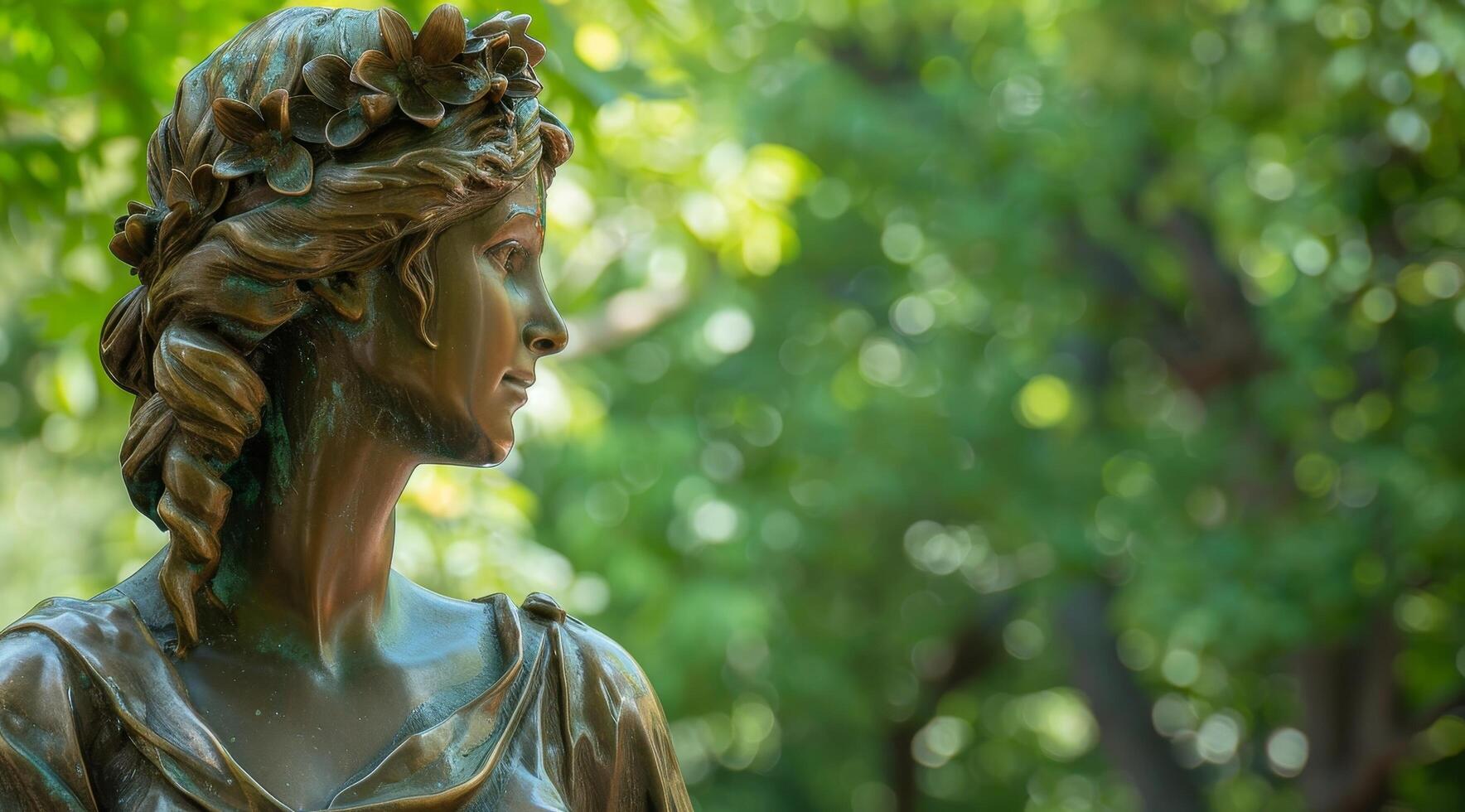 Bronze Statue of a Woman in a Park with Sunlight Filtering Through Trees photo