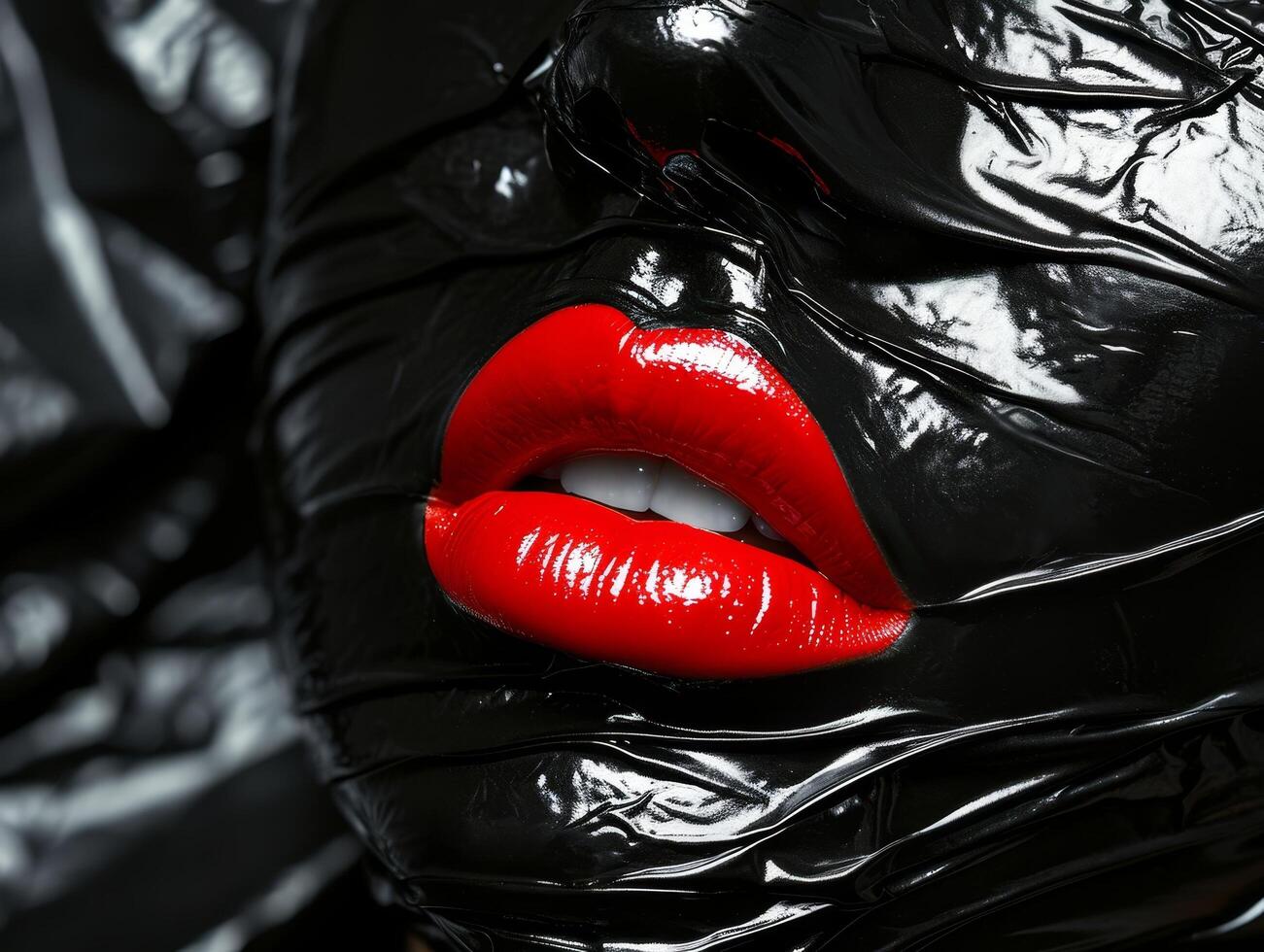 Close up of red lips with black glossy background photo