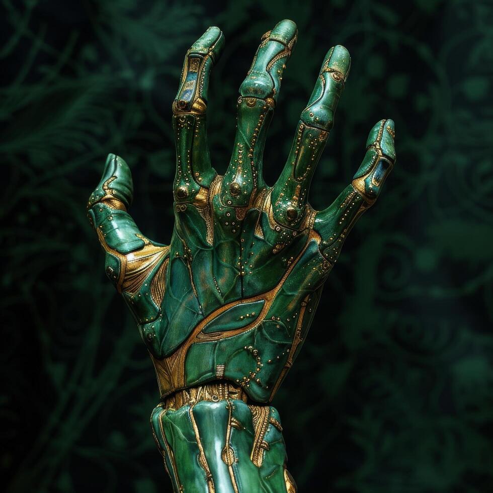 Bronze robotic hand reaching out with intricate details photo