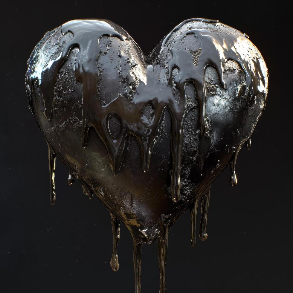 Glossy black heart with dripping texture on dark background photo