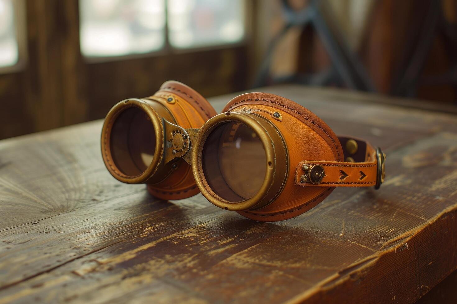 Vintage leather aviator goggles on a wooden surface photo